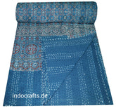 Indischer Ethno Ajrak Print Kantha Quilt Handblockdruck Queen Size Baumwolle Tagesdecke Bettbezug Blaue Decke Überwurf